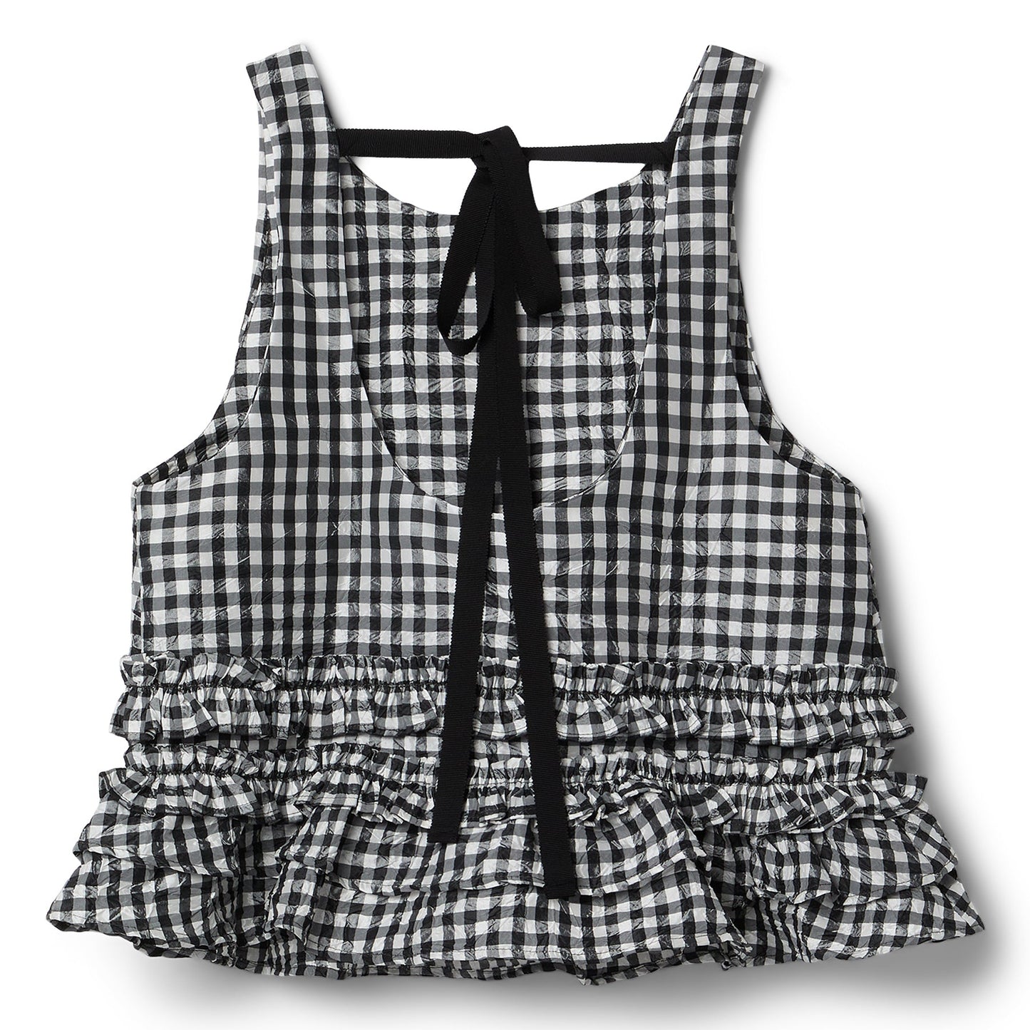 GANNI Crinkled Taffeta Check Open Back Frill Top (Black)
